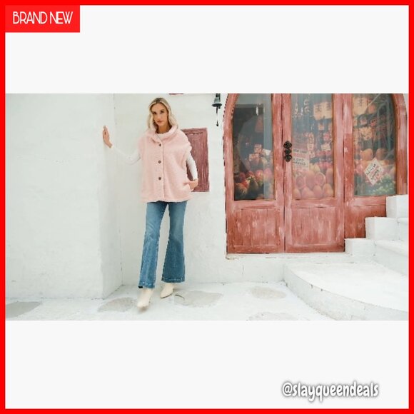 Oversized Fleece Sherpa Vest with Pockets, Button Down, Thigh Length - Picture 6 of 7